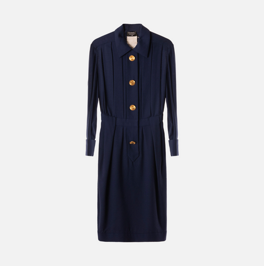 Chanel Navy Wool Crepe Gold Clover Button Dress