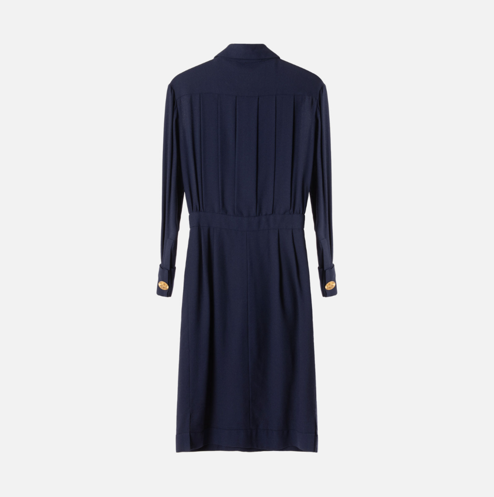 Chanel Navy Wool Crepe Gold Clover Button Dress