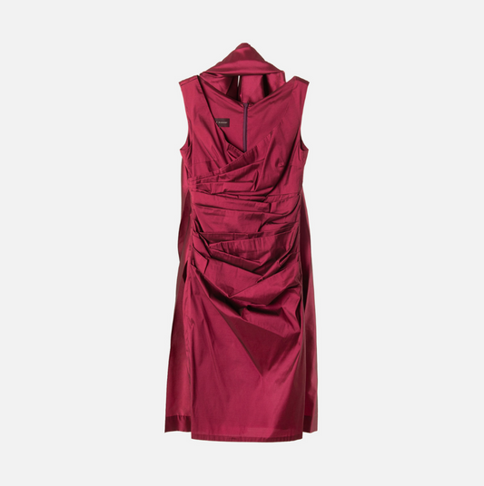 Talbot Runhof Red Silk Blend Ruched Midi Dress + Scarf