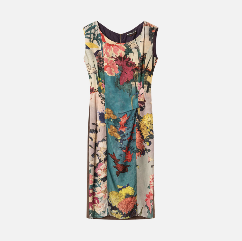 Rochas Brown & Floral Print Silk Print Midi Dress