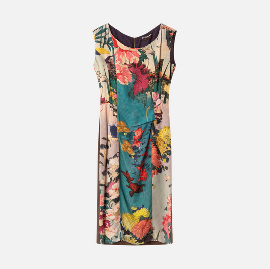 Rochas Brown & Floral Print Silk Print Midi Dress