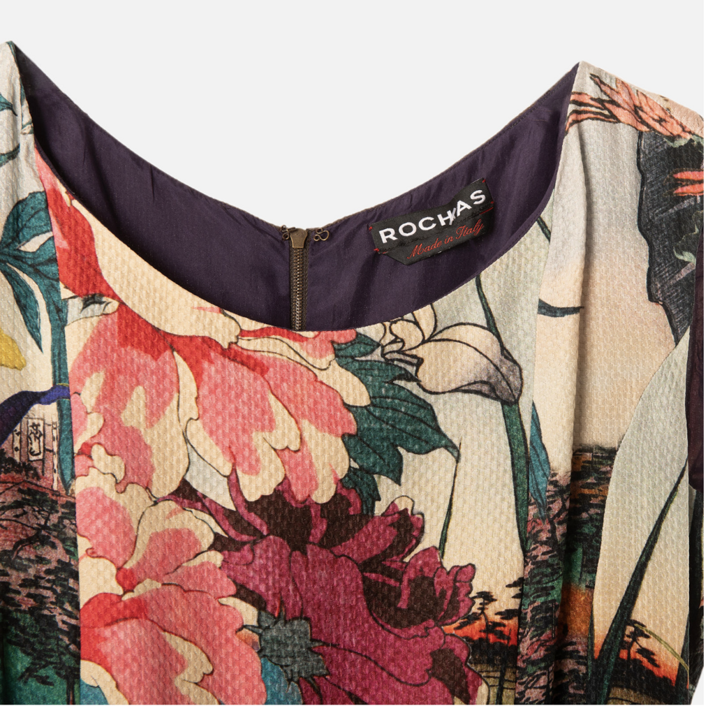 Rochas Brown & Floral Print Silk Print Midi Dress