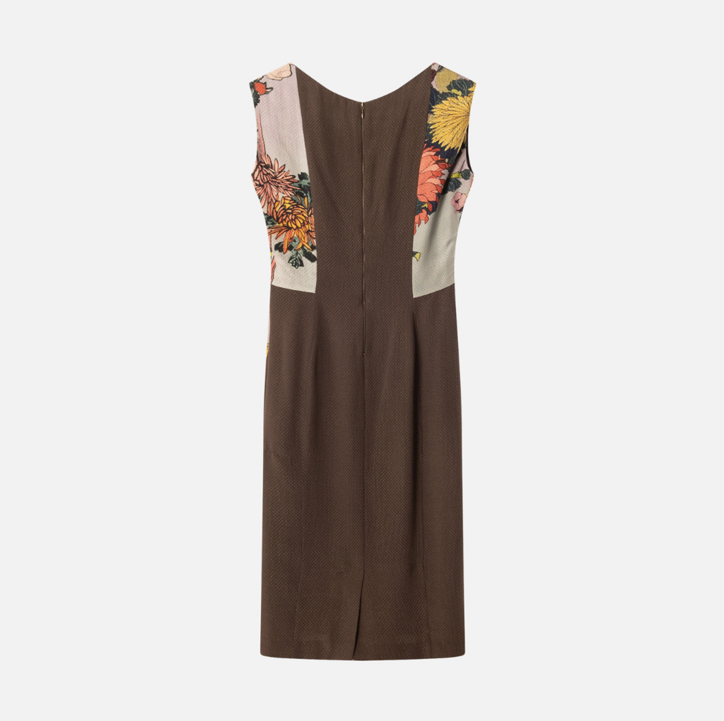 Rochas Brown & Floral Print Silk Print Midi Dress