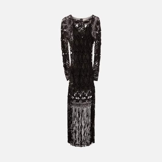 Black Macrame Tassled Hem Dress
