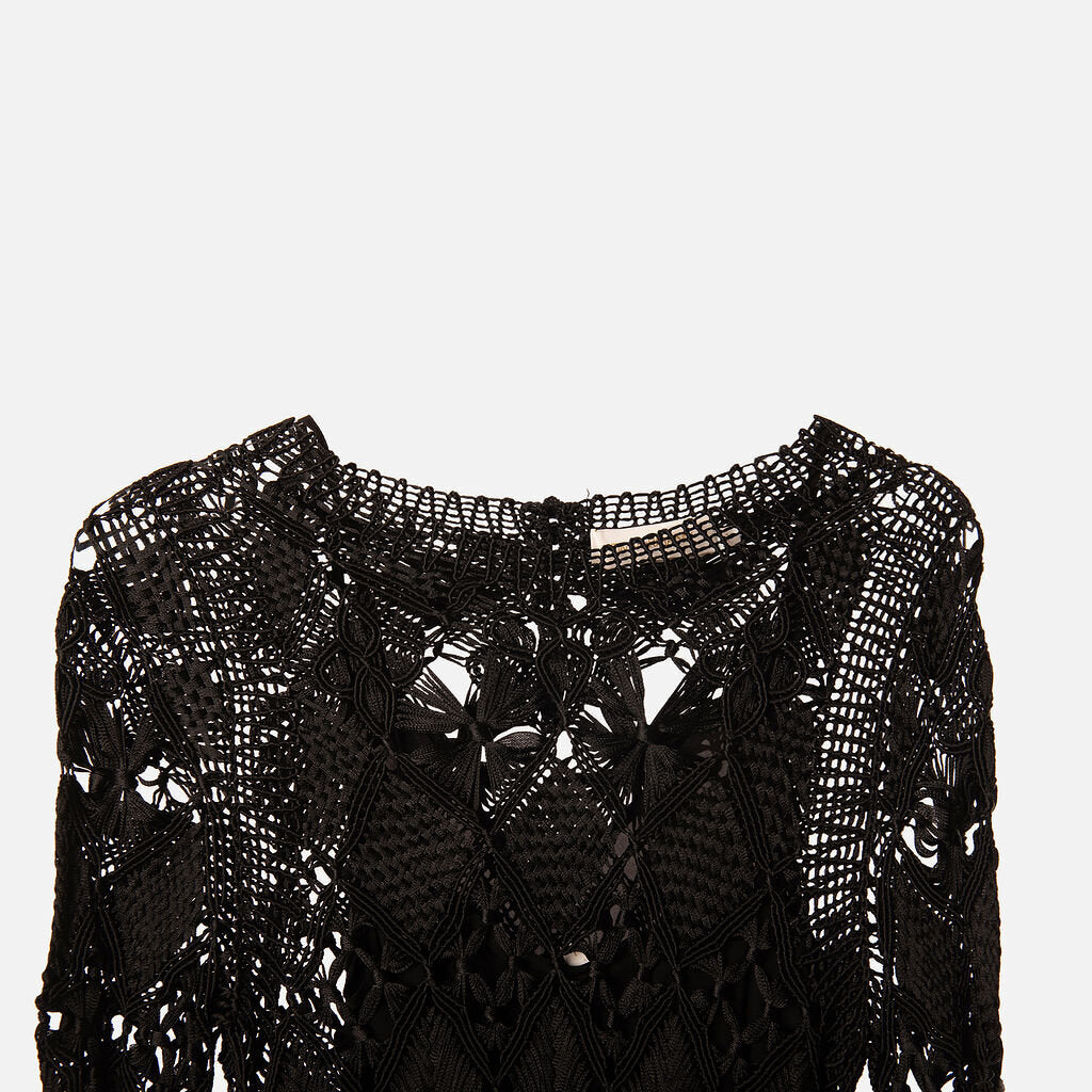 Black Macrame Tassled Hem Dress