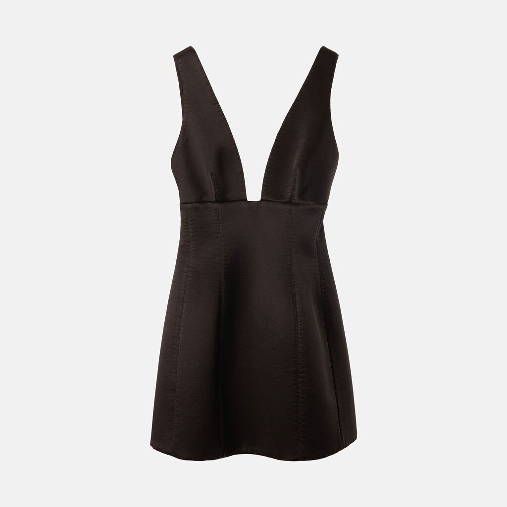 Brandon Maxwell Black Satin V-Neck Mini Dress