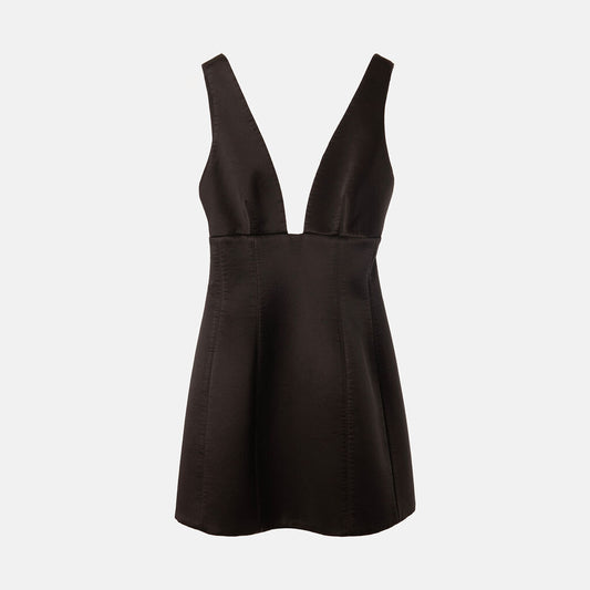 Brandon Maxwell Black Satin V-Neck Mini Dress