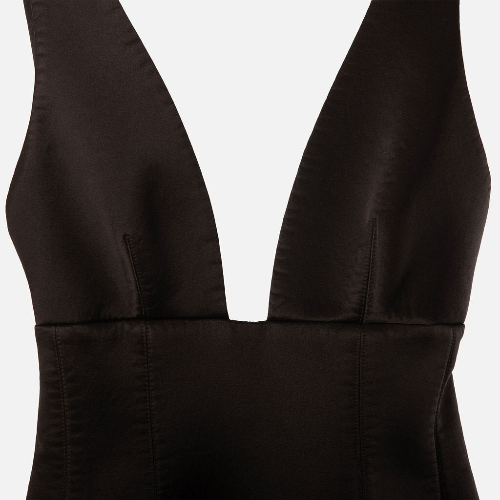 Brandon Maxwell Black Satin V-Neck Mini Dress