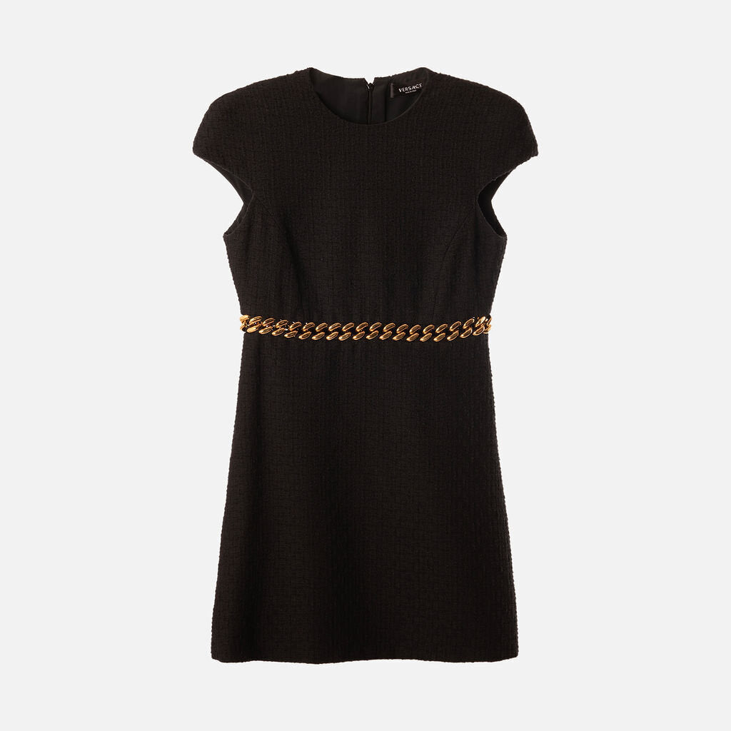 Versace Black Tweed Dress w/ Gold Chain