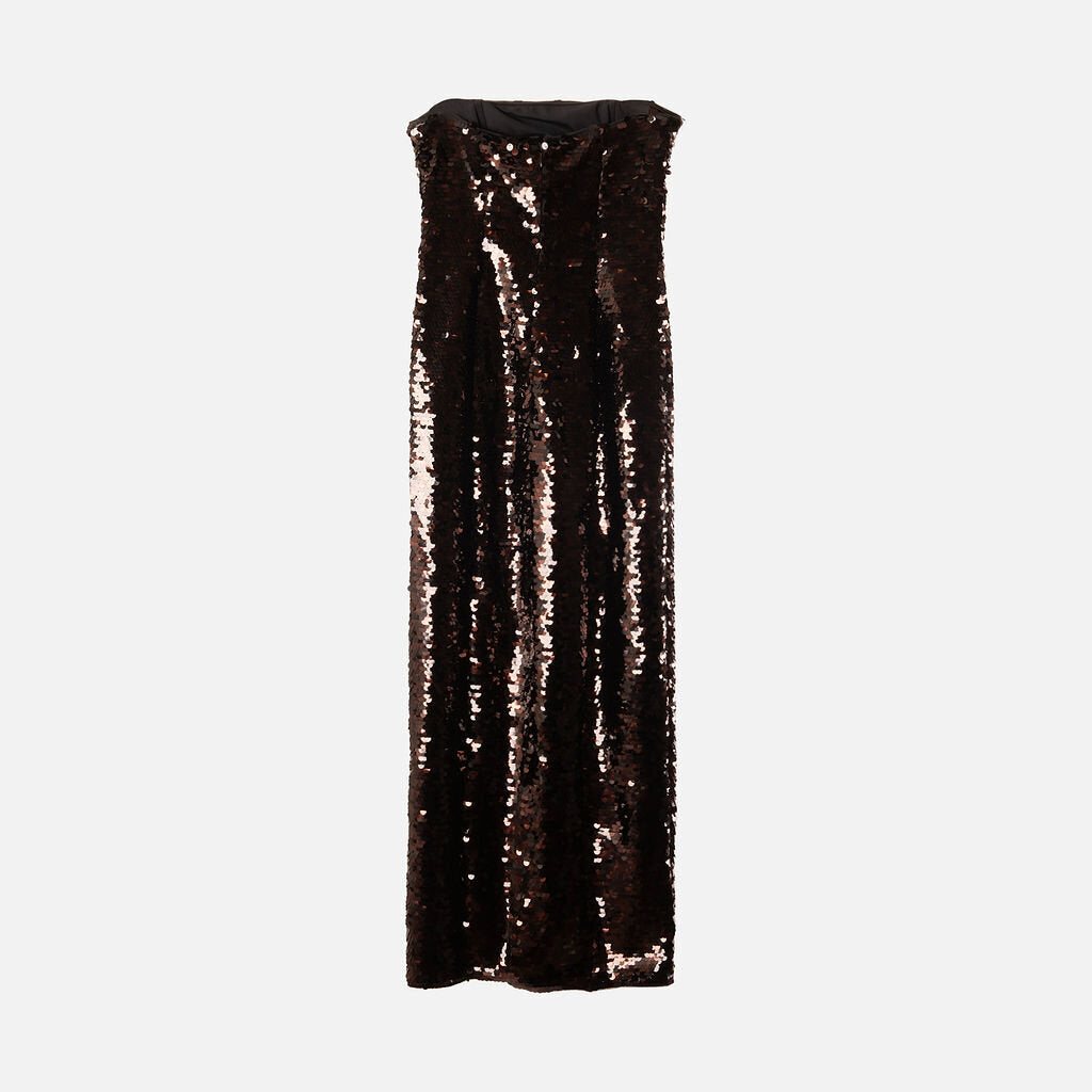 Staud Brown Sequin Strapless Midi Dress