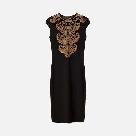 Alexander McQueen Black & Gold Pattern Sheath Dress