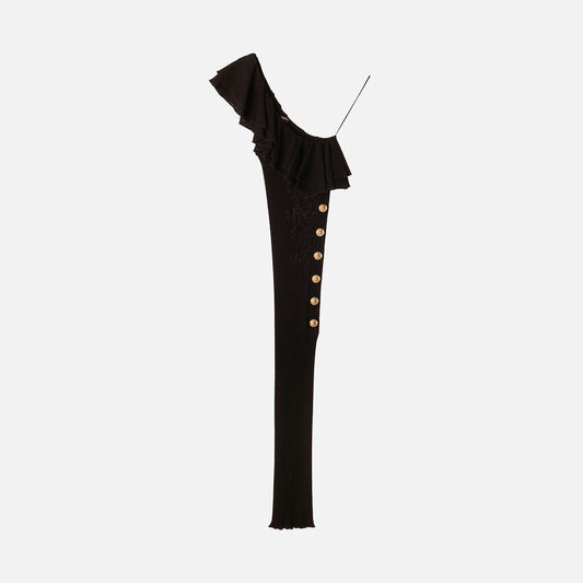 Balmain Black Viscose & Cotton Knit One Shoulder Midi Dress