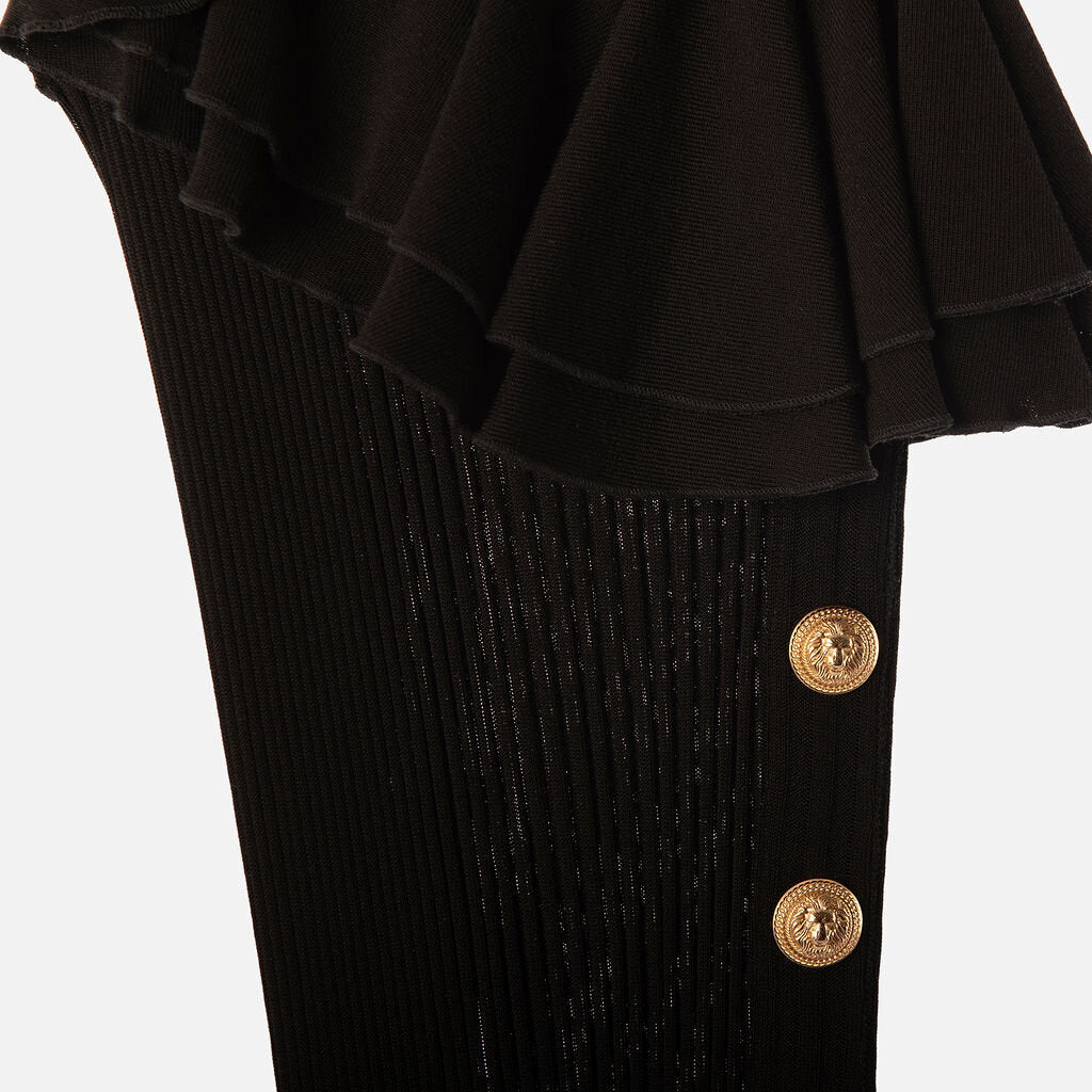 Balmain Black Viscose & Cotton Knit One Shoulder Midi Dress