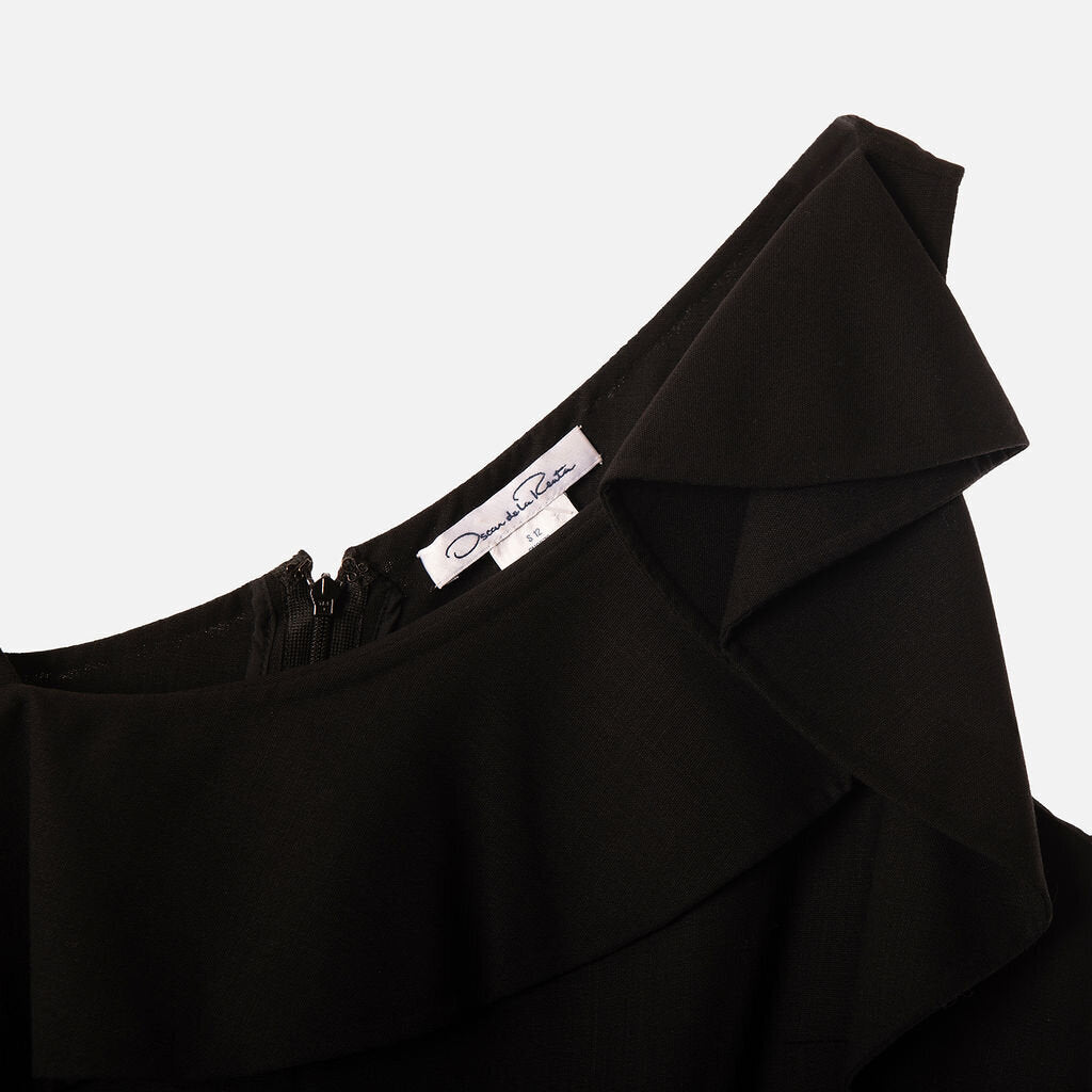 Oscar de la Renta Black Wool Ruffle Midi Dress