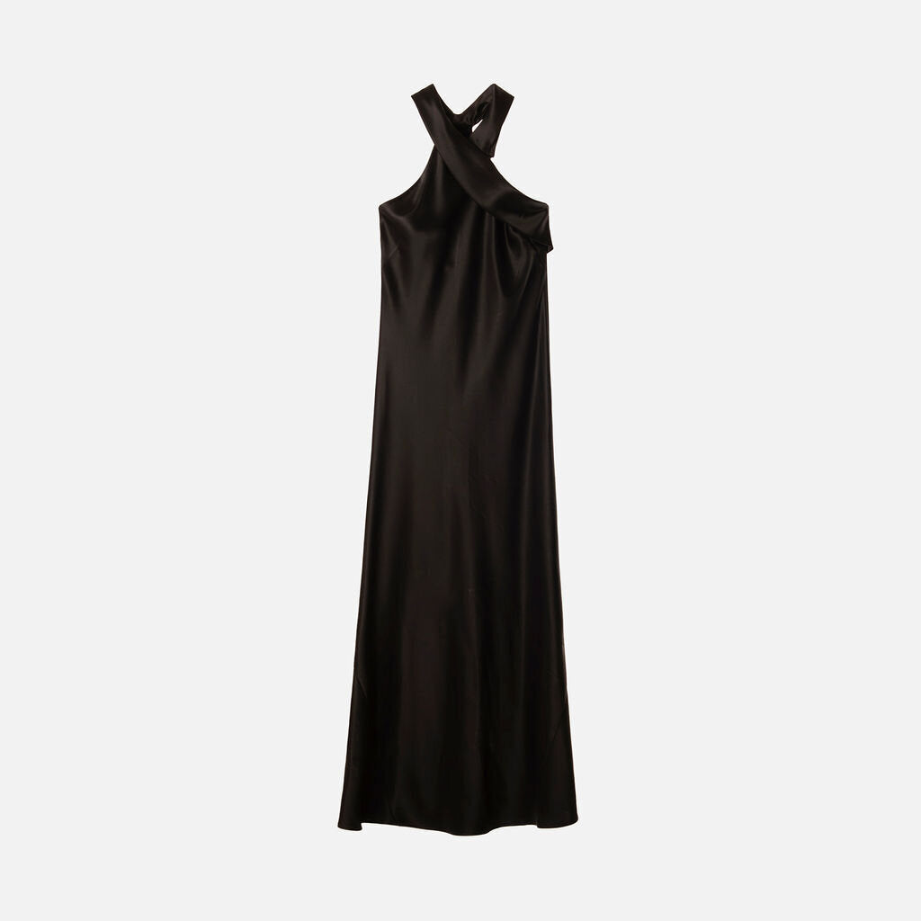 Galvan London Black Satin Halter Maxi Dress