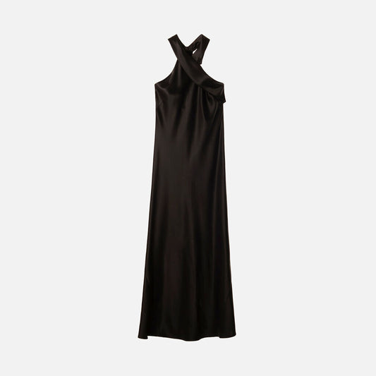 Galvan London Black Satin Halter Maxi Dress