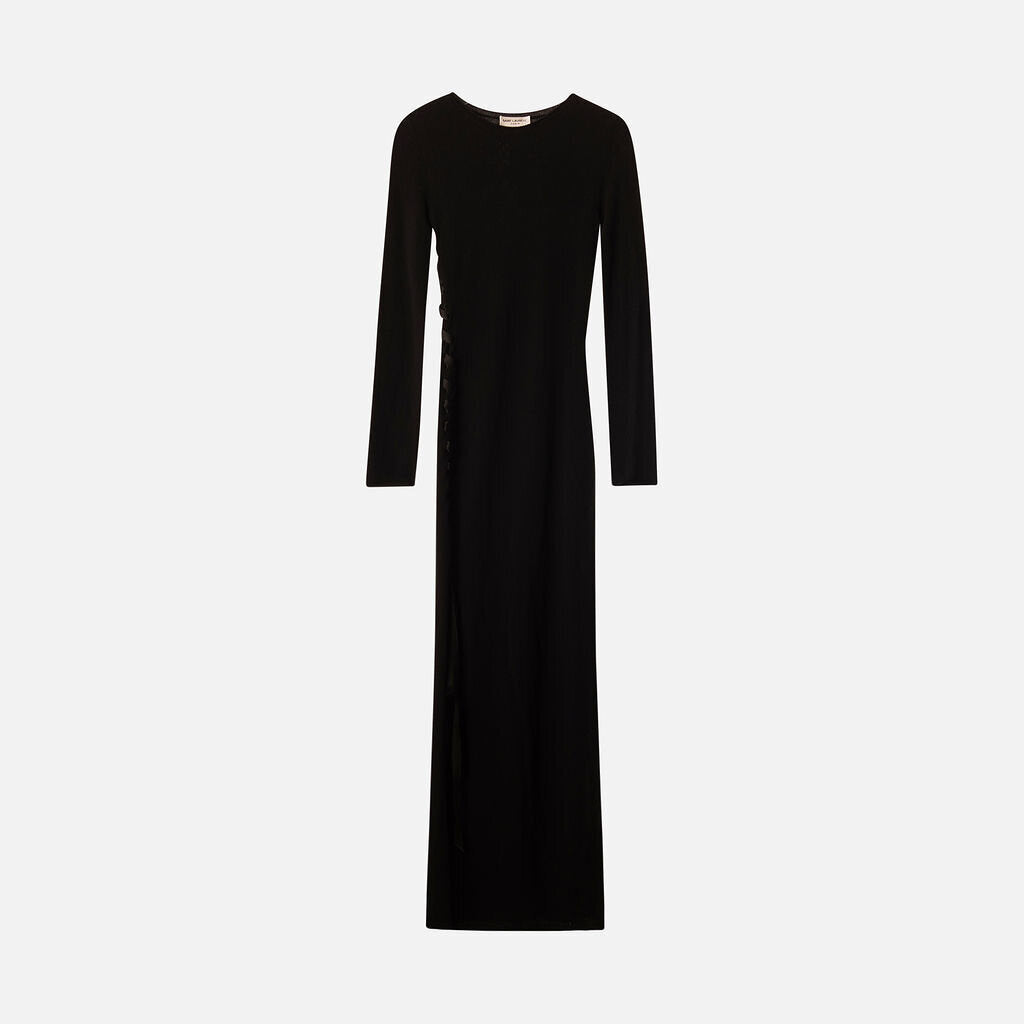 Saint Laurent Black Wool Ribbon Lace-Up Maxi Dress