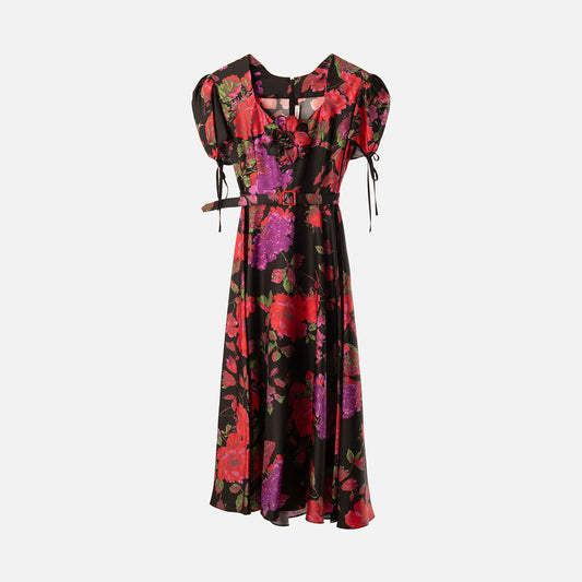Rodarte Black & Red Floral Silk Flower Broche Belted Maxi Dress