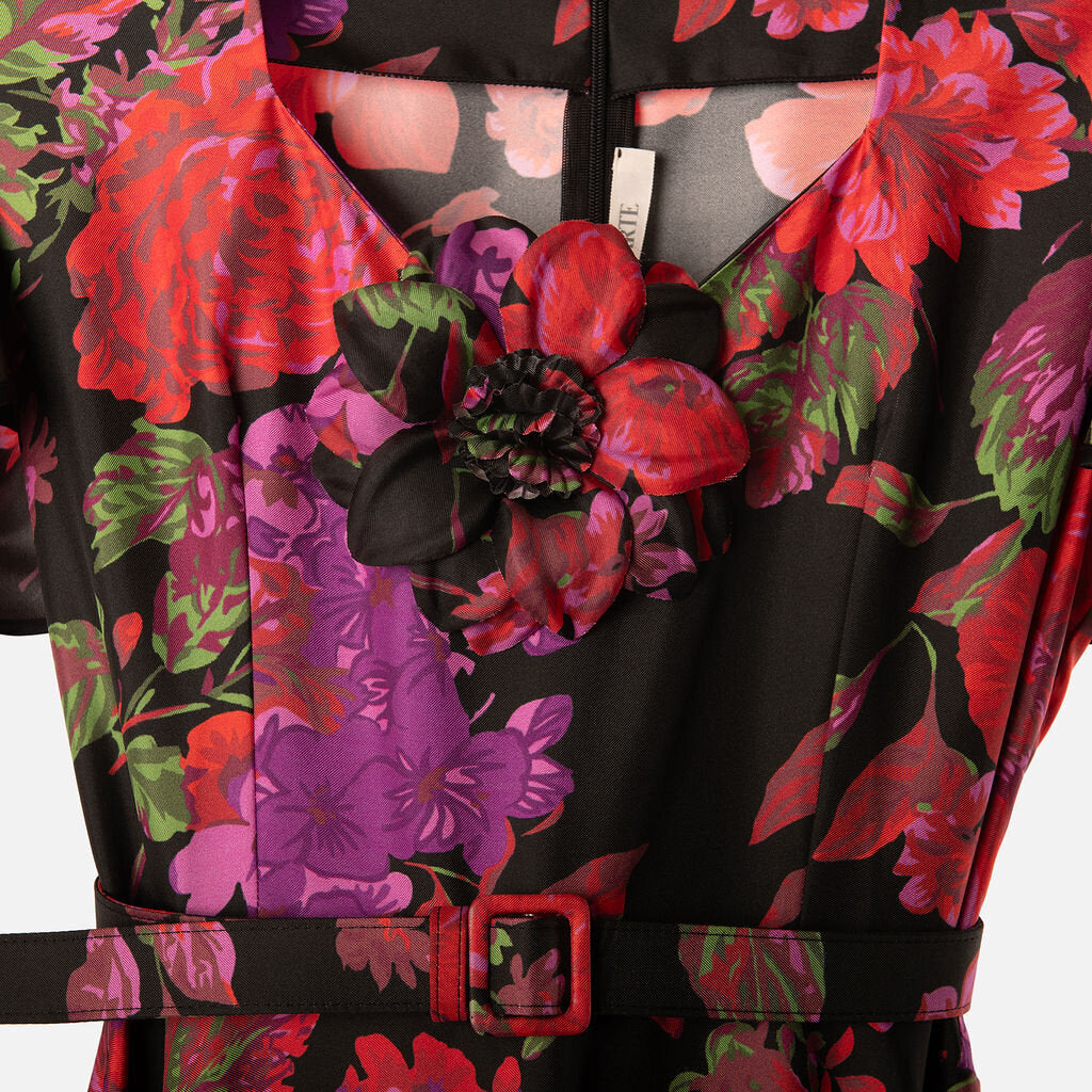 Rodarte Black & Red Floral Silk Flower Broche Belted Maxi Dress