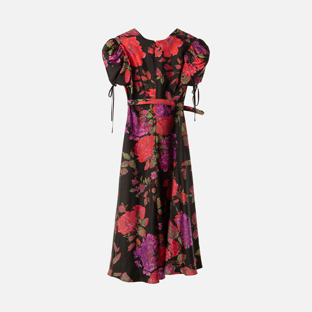 Rodarte Black & Red Floral Silk Flower Broche Belted Maxi Dress