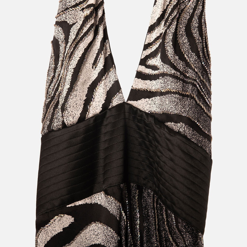Pierre Cardin Black & Grey Beaded Zebra Beaded Backless Dress