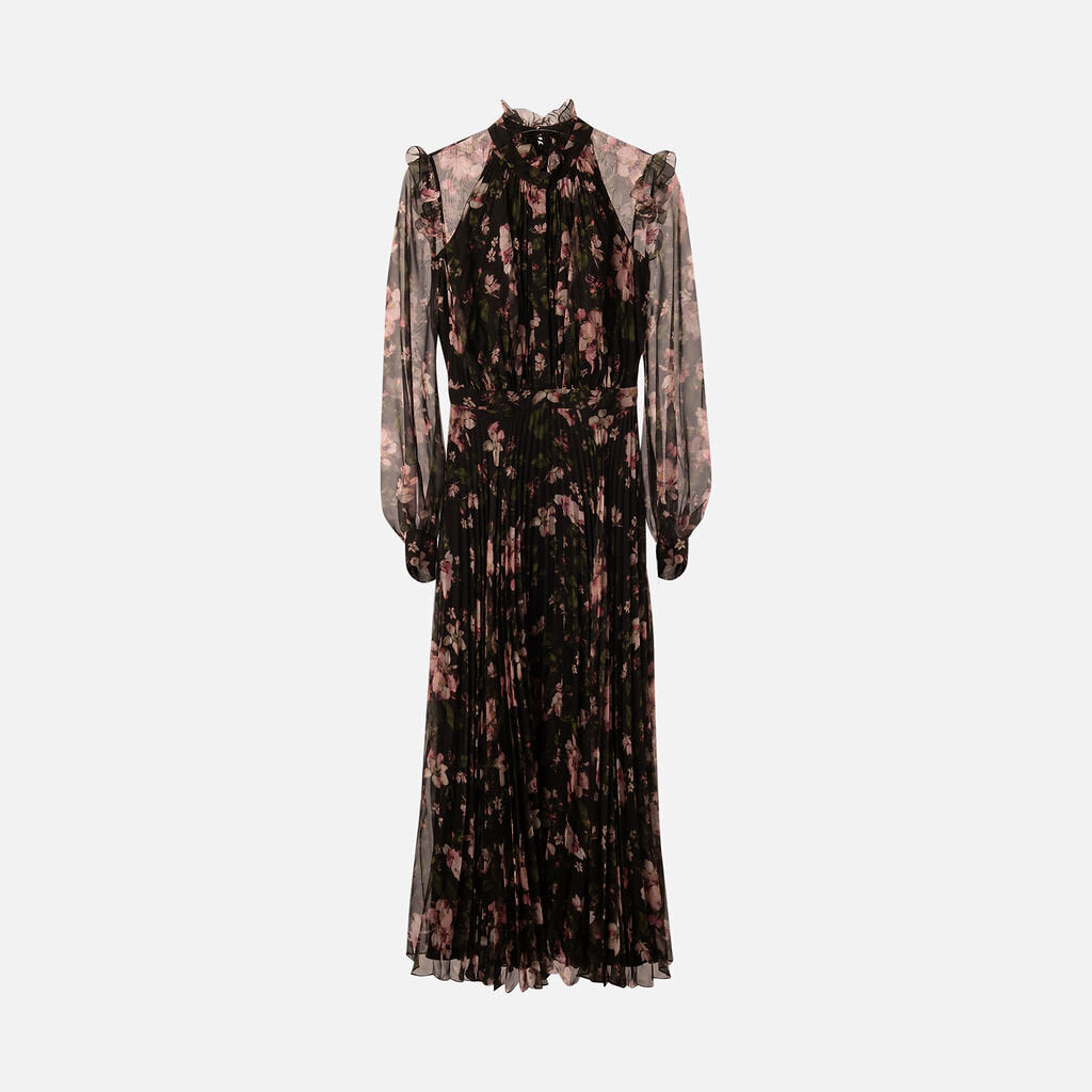 Erdem Black & Pink Floral Silk Pleated Maxi Dress