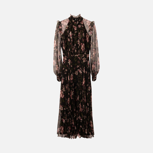 Erdem Black & Pink Floral Silk Pleated Maxi Dress
