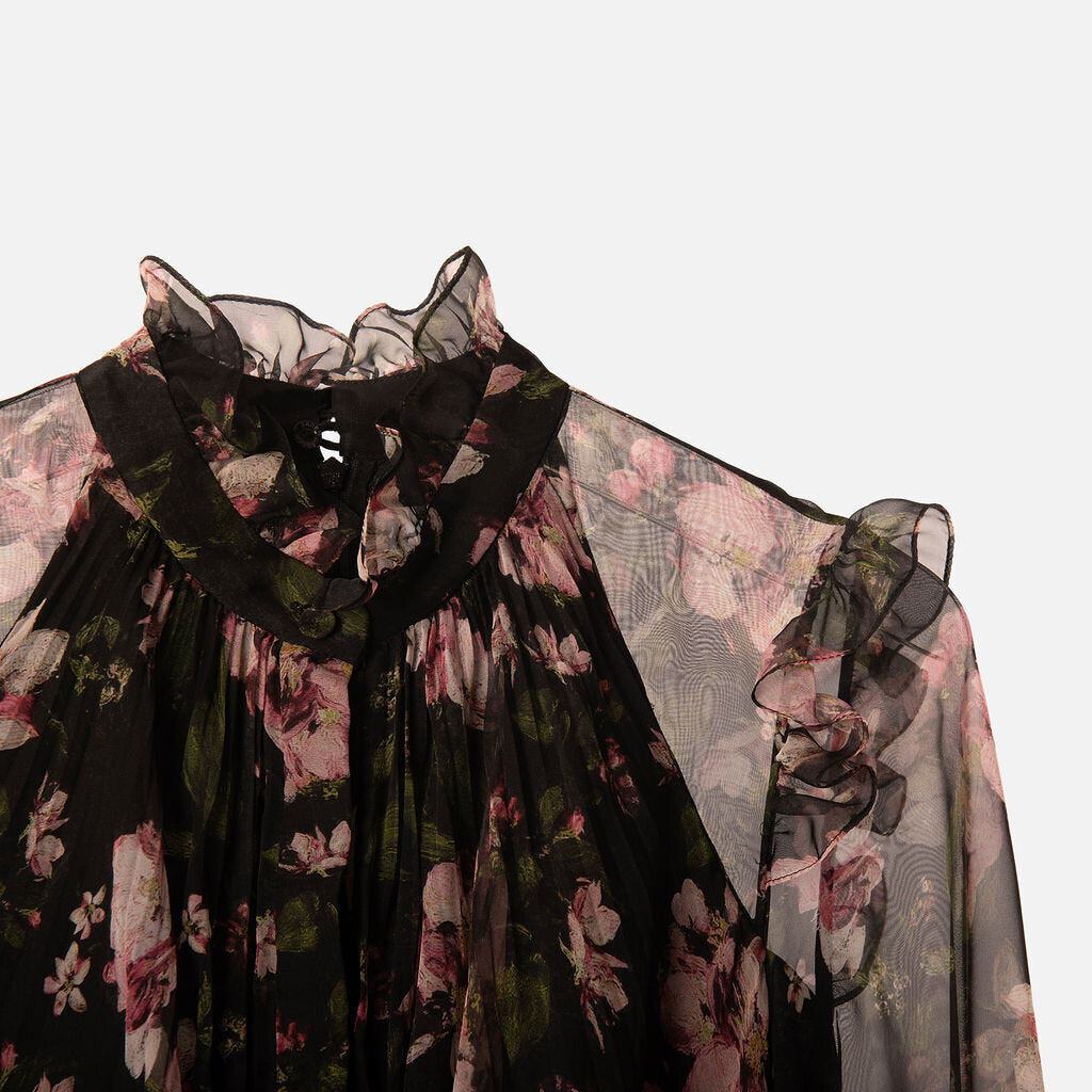 Erdem Black & Pink Floral Silk Pleated Maxi Dress