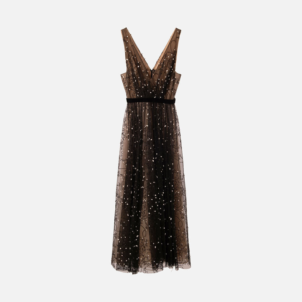 J. Mendel Black Mesh Flower Detail Maxi Dress