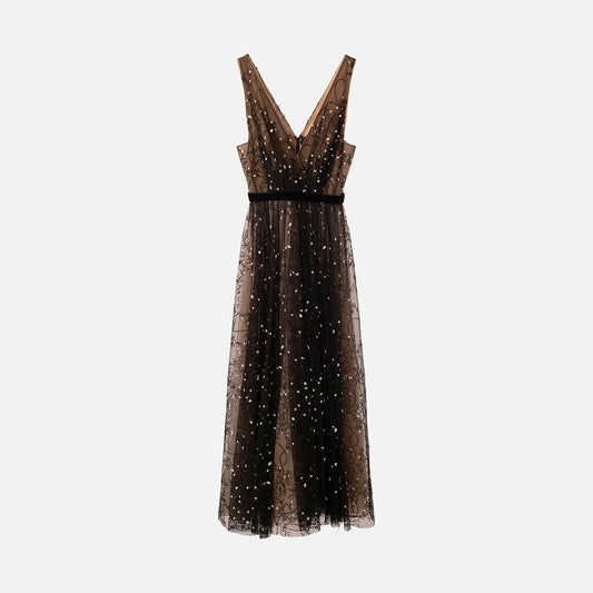 J. Mendel Black Mesh Flower Detail Maxi Dress