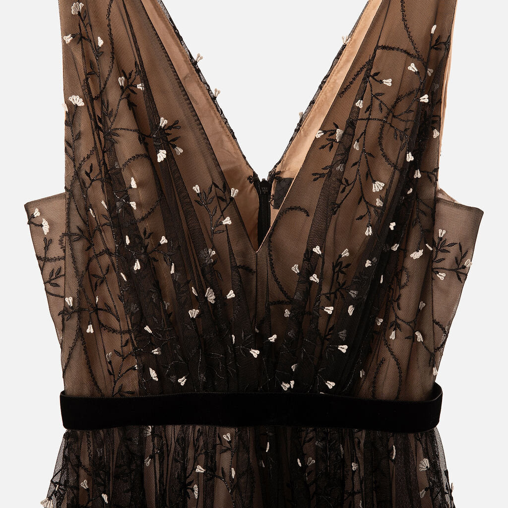 J. Mendel Black Mesh Flower Detail Maxi Dress