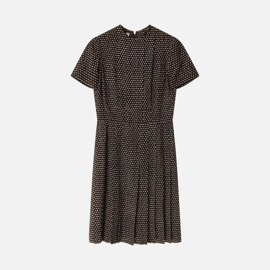 Christian Dior Black Silk White Pattern Pleated Dress (1969)