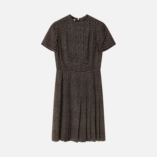 Christian Dior Black Silk White Pattern Pleated Dress (1969)