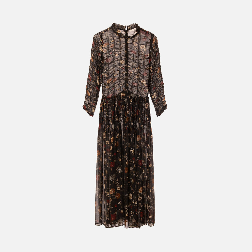 Doen Black & Floral Silk Ruched Maxi Dress