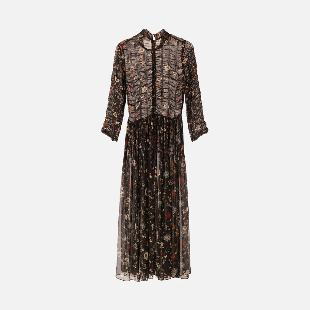 Doen Black & Floral Silk Ruched Maxi Dress