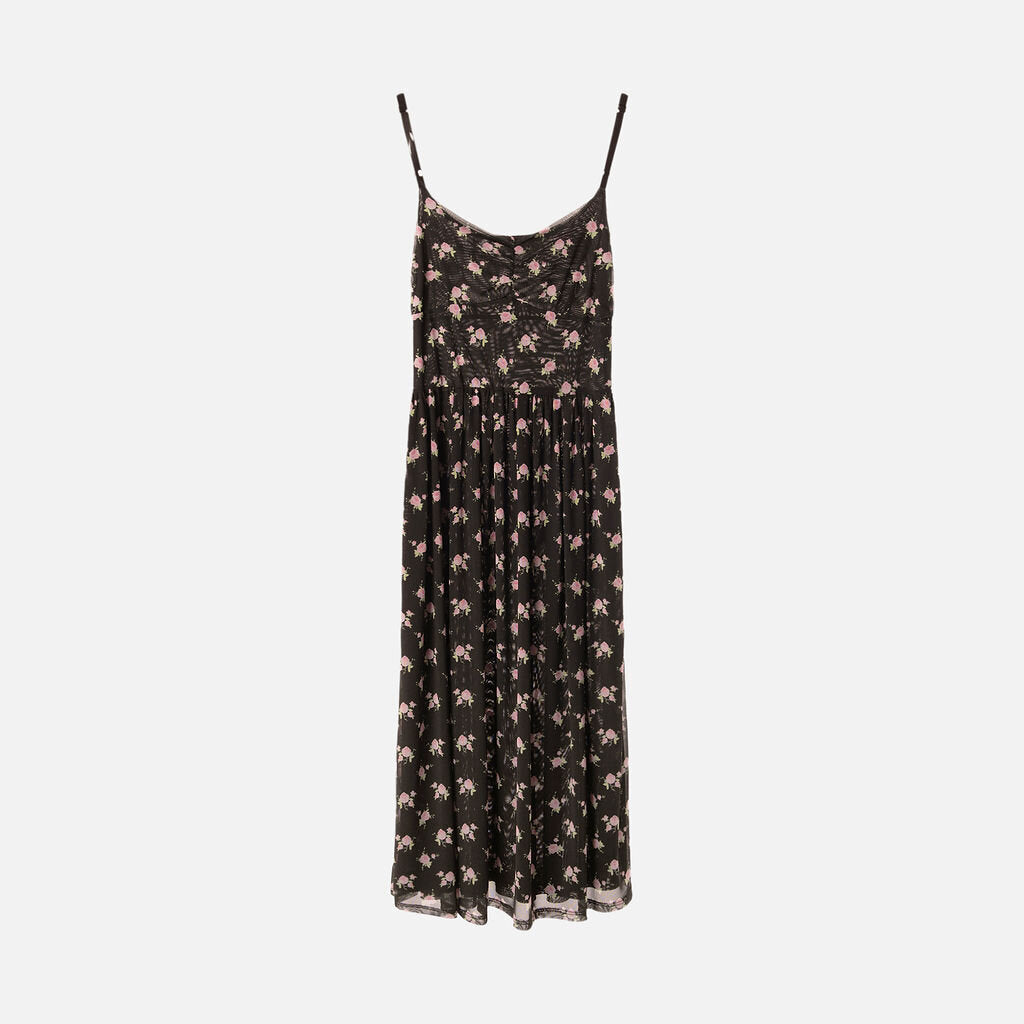 Sandy Liang Black Floral Mesh Midi Dress