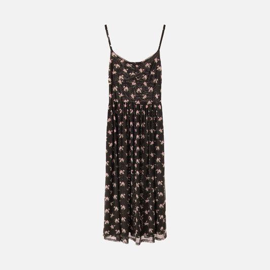 Sandy Liang Black Floral Mesh Midi Dress