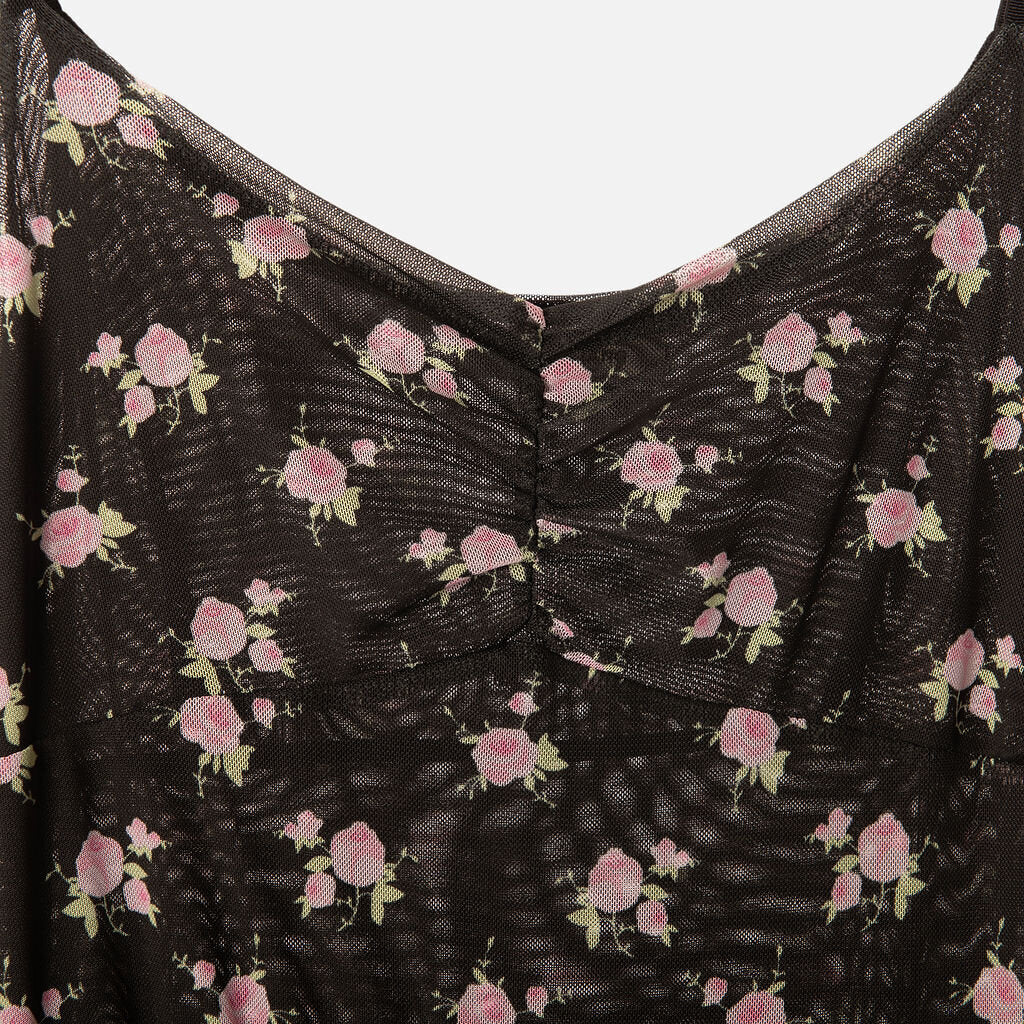 Sandy Liang Black Floral Mesh Midi Dress
