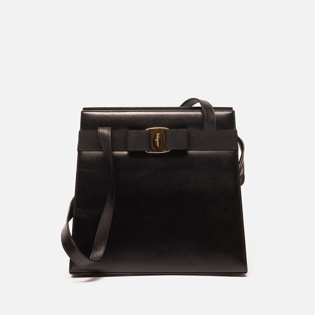 Black Leather Vara Bow Shoulder Bag