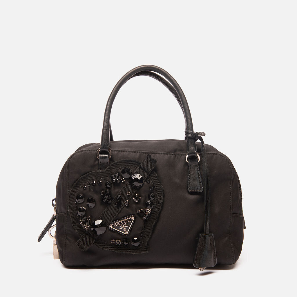 Prada Black Nylon Embellished Boston Bag