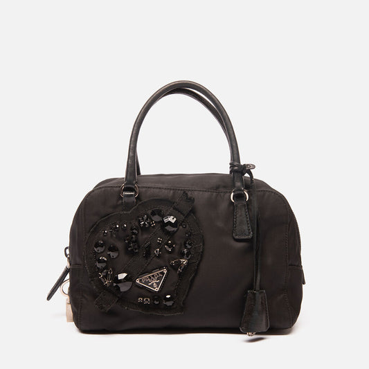 Prada Black Nylon Embellished Boston Bag
