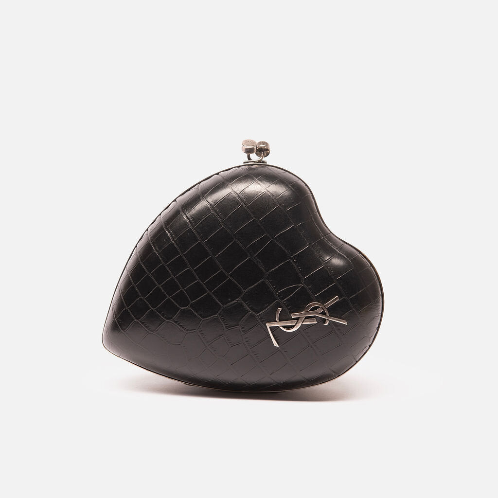 Saint Laurent Black Croc Embossed Kisslock Heart Clutch