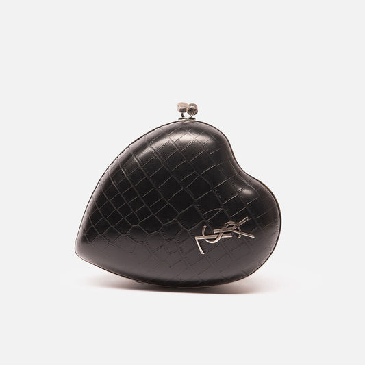 Saint Laurent Black Croc Embossed Kisslock Heart Clutch