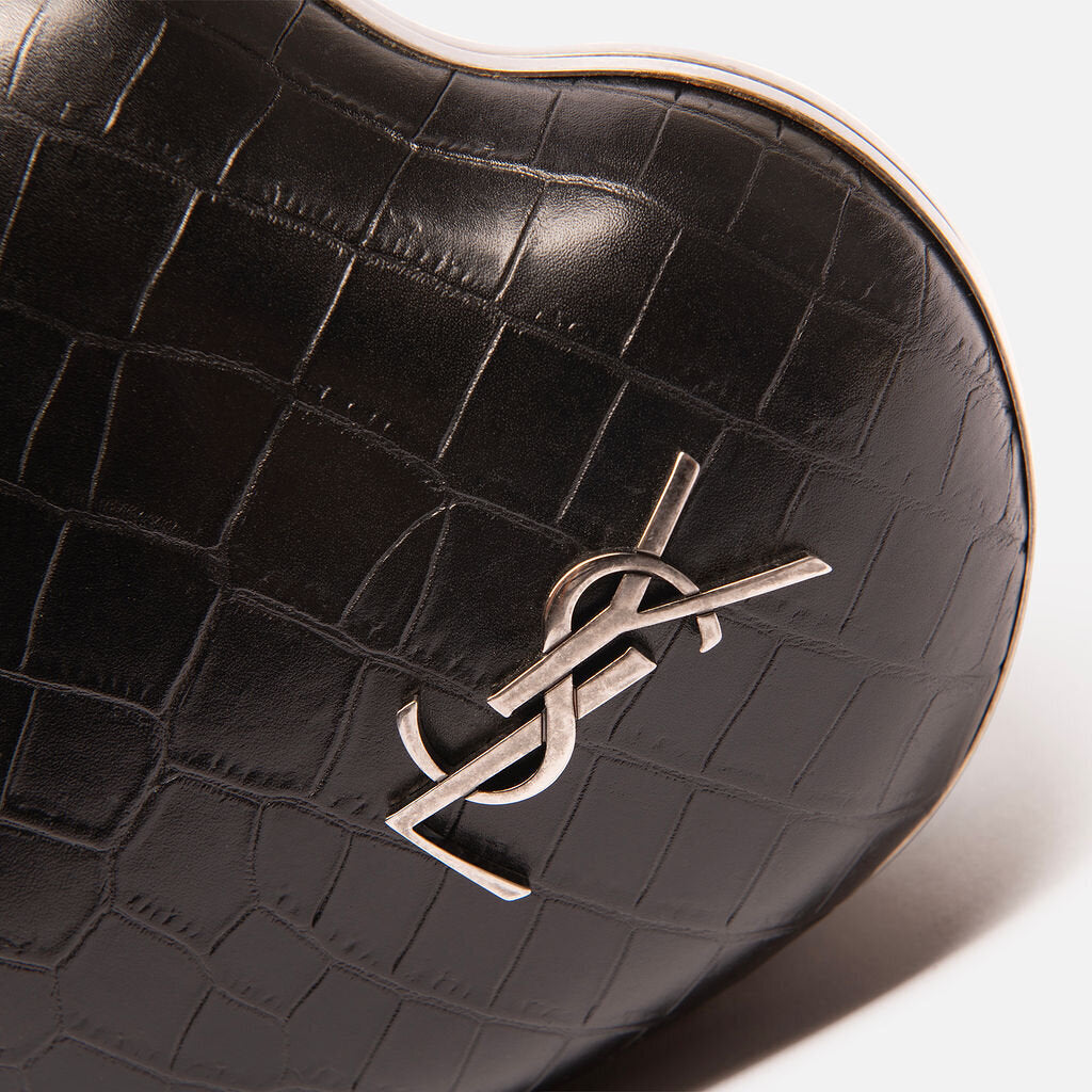 Saint Laurent Black Croc Embossed Kisslock Heart Clutch