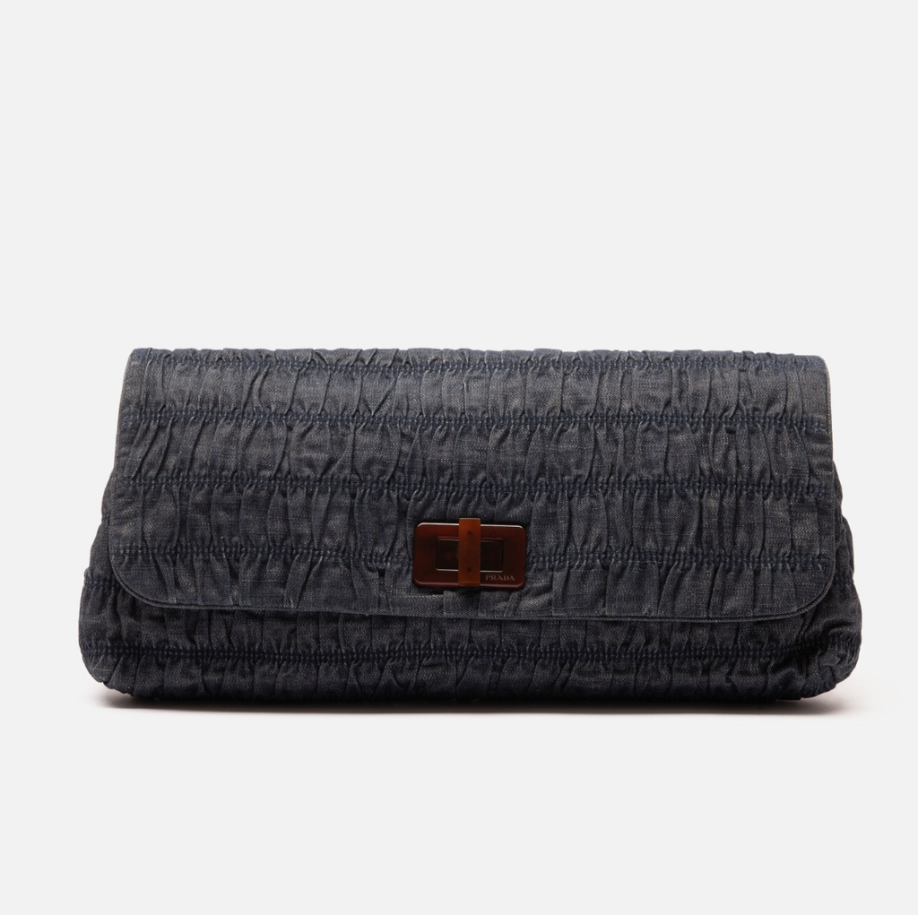 Prada Ruched Denim Tortoise Turnlock Clutch