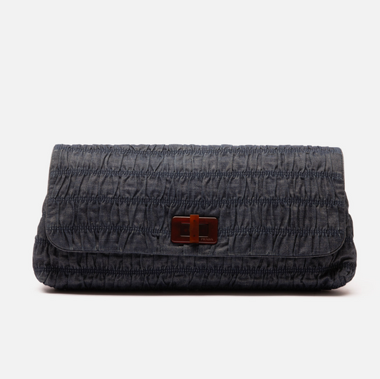 Prada Ruched Denim Tortoise Turnlock Clutch