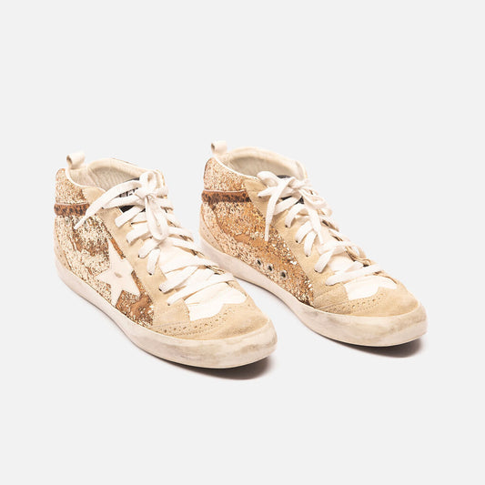 Golden Goose Beige Suede Gold Glitter High-Top Sneakers