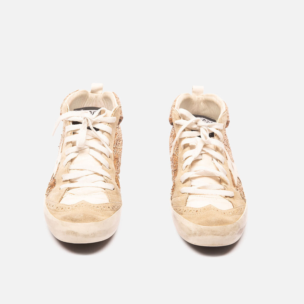 Golden Goose Beige Suede Gold Glitter High-Top Sneakers