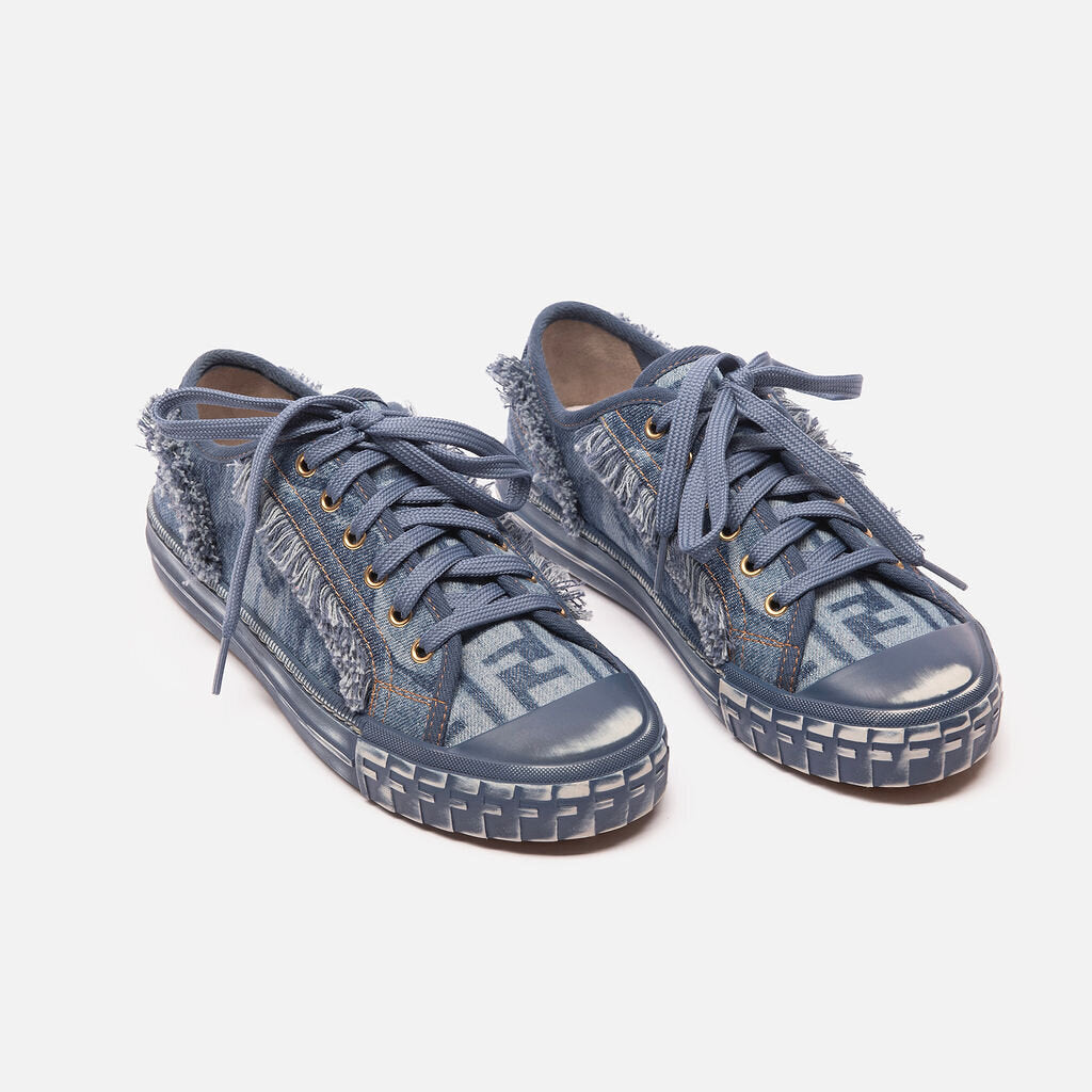 Fendi Blue Frayed Denim Trainers