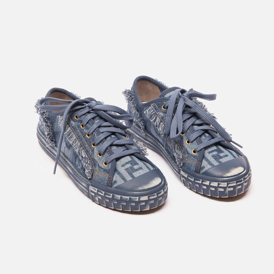 Fendi Blue Frayed Denim Trainers